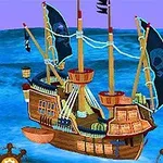 Anije pirate me vela dhe flamuj të zinj në një det blu