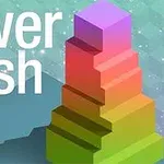 Shkronjat tower rush mbi një sfond me gradient shumëngjyrësh dhe një kullë me ngjyra të ndezura në një model abstrakt