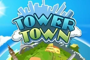 Teksti Tower Town me sfond me qytete ikonike si Kulla Eifel dhe Koloseu nën një qiell blu