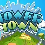 Teksti Tower Town me sfond me qytete ikonike si Kulla Eifel dhe Koloseu nën një qiell blu