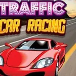Një makinë sportive e kuqe në një rrugë me tre korsi nën një qiell me ngjyra në muzg dhe titulli Traffic Car Racing