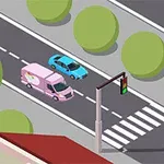 Një rrugë urbane nga lart me dy makina, njërën rozë dhe tjetrën blu, dhe një semafor afër një kalimi këmbësorësh, e rrethuar nga disa pemë të mëdha jeshile