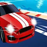 Makina e kuqe sportive me dy vija të bardha po përshkon një kthesë afër një lumi ose deti në pistë garash