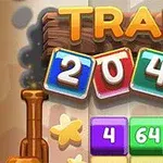 Një lokomotivë e animuar me numra shumëngjyrësh mbi dhe brenda një tabele që lexon TRAIN 2048