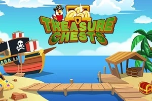 Një peizazh tropikal me një anije pirate, një kasolle në breg të detit, dhe një titull me logo pirate
