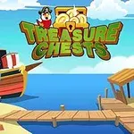 Një peizazh tropikal me një anije pirate, një kasolle në breg të detit, dhe një titull me logo pirate