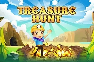Një person me helmetë qëndron pranë një grumbulli thesari në një peizazh malor me diellin që shkëlqen, dhe fjala TREASURE HUNT sipër