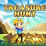 Një person me helmetë qëndron pranë një grumbulli thesari në një peizazh malor me diellin që shkëlqen, dhe fjala TREASURE HUNT sipër