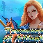 Një grua me flokë të gjatë ngjyrë portokalli dhe një kalë i detit, rrethuar nga elemente nënujore, me tekstin Treasures of Atlantis poshtë