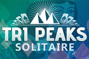 Logo grafik me malet stilizuar dhe karta me simbole të zemrave dhe shigjetave, me tekstin TRI PEAKS SOLITAIRE