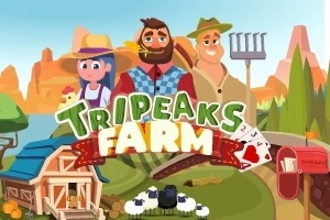 Tre persona në një fermë me sfond malor, një kasolle, dele, një pirun dhe një kasetë postare, me tekstin TriPeaks Farm përpara
