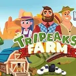 Tre persona në një fermë me sfond malor, një kasolle, dele, një pirun dhe një kasetë postare, me tekstin TriPeaks Farm përpara