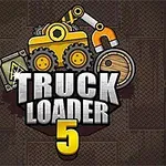 Një vinç i verdhë me magnet, një kuti druri dhe një fuçi para një sfondi metalik me tekstin Truck Loader 5