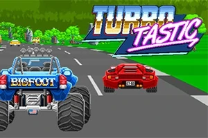 Një makinë blu me rrota të mëdha dhe një makinë sportive të kuqe garojnë në një rrugë me pemë, me logon TURBO TASTIC sipër