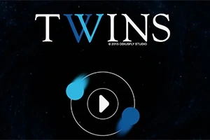 Logo minimalist me tekstin TWINS dhe dy forma blu që rrotullohen rreth një rrethi me një shigjetë luaj në qendër
