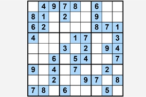 Kuti 9x9 me disa numra të plotësuar dhe disa kuti bosh të shënuara me blu