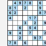 Kuti 9x9 me disa numra të plotësuar dhe disa kuti bosh të shënuara me blu
