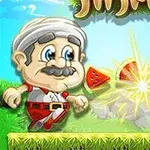 Një burrë me mustaqe dhe veshje tradicionale qëndron mbi bar përballë një breshke, me një copë shalqini dhe një shpërthim dritë në mes tyre