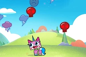 Një krijesë në formë unicorni qëndron mbi një shpat mali me sfond me disa re të vogla dhe elemente të tjera të animuara, duke përfshirë disa simbole me fytyra të trishtueshme dhe kafka
