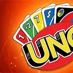 Uno Një sfond portokalli me pesë letra shumëngjyrëshe dhe logon UNO në mes