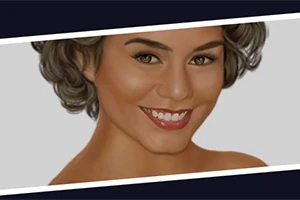 Një portret i një gruaje me flokë kafe dhe buzëqeshje të gjërë mbi një sfond gri