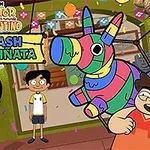 Dy personazhe të animuar janë para një piñata shumëngjyrëshe në një festë të dekoruar me flamuj dhe balona
