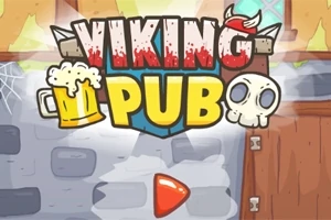 Logo me shkronja të mëdha që lexojnë VIKING PUB me një gotë birre dhe një kafkë, mbi një sfond me një mur guri dhe një derë druri