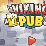 Logo me shkronja të mëdha që lexojnë VIKING PUB me një gotë birre dhe një kafkë, mbi një sfond me një mur guri dhe një derë druri