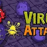 Figura përmban mikrobe me ngjyra të ndryshme dhe tekstin Virus Attack në sfond të purpurt