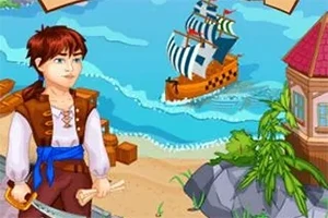 Një djalë i veshur si pirat me një shpatë dhe letër në dorë, qëndron pranë bregut me një anije në det dhe një ndërtesë me çati rozë