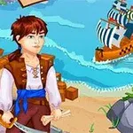 Një djalë i veshur si pirat me një shpatë dhe letër në dorë, qëndron pranë bregut me një anije në det dhe një ndërtesë me çati rozë