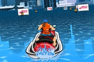 Një person në motoçikletë uji duke lundruar në një kanal të qytetit me ndërtesa në sfond