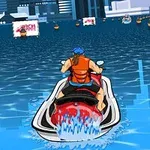 Një person në motoçikletë uji duke lundruar në një kanal të qytetit me ndërtesa në sfond