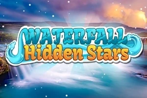 Peizazh me ujëvarë dhe titulli Waterfall Hidden Stars me shkronja të mëdha në plan të parë