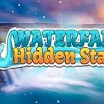 Peizazh me ujëvarë dhe titulli Waterfall Hidden Stars me shkronja të mëdha në plan të parë