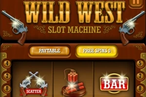 Slot makinë tematike e Perëndimit të Egra me pistoleta, barut dhe shenjën BAR