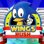 Shpend me ngjyrë blu me krahë të bardhë në sfond të gjelbër dhe diellor, me tekstin Wings Rush poshtë