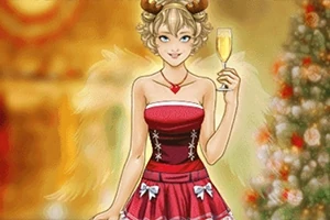 Një vajzë me një fustan të kuq festiv dhe brirë dreri mban një gotë shampanjë pranë një peme Krishtlindjeje