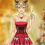 Një vajzë me një fustan të kuq festiv dhe brirë dreri mban një gotë shampanjë pranë një peme Krishtlindjeje