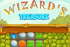 Fjalët Wizards Treasure janë të shkruara mbi një sfond me ngjyra të gjelbra dhe elemente të ndryshme gjeometrike si katrorë dhe diamante