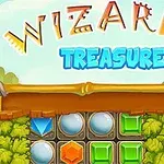 Fjalët Wizards Treasure janë të shkruara mbi një sfond me ngjyra të gjelbra dhe elemente të ndryshme gjeometrike si katrorë dhe diamante