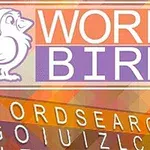 Një zog i bardhë me kapelë Krishtlindjeje pranë fjalëve WORD BIRD mbi një sfond me ngjyra të ngrohta dhe shkronja të zbuluara poshtë