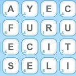 Letra të vendosura në një grilë katrore me numra në qoshet e çdo kutie në sfond të kaltër