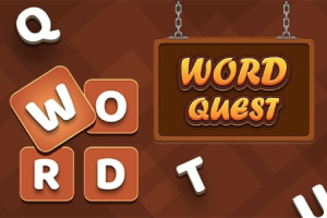 Shkronja të shpërndara dhe një tabelë me tekstin Word Quest në sfond kafe