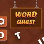 Shkronja të shpërndara dhe një tabelë me tekstin Word Quest në sfond kafe