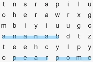 Fjalëkryq me fjalët banana dhe mollë të theksuara