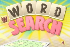 Fjalët WORD SEARCH në shkronja 3D me sfond të verdhë të ndritshëm dhe rreze dielli, mbi një tabelë me katrorë të gjelbër