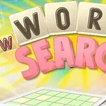 Fjalët WORD SEARCH në shkronja 3D me sfond të verdhë të ndritshëm dhe rreze dielli, mbi një tabelë me katrorë të gjelbër
