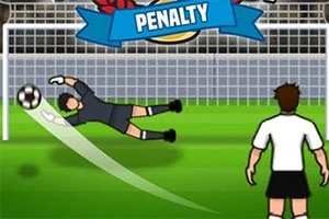 Portieri hidhet për të pritur një goditje penaltie, ndërsa një lojtar me fanellë të bardhë dhe pantallona të shkurtra të zeza e shikon