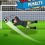 Portieri hidhet për të pritur një goditje penaltie, ndërsa një lojtar me fanellë të bardhë dhe pantallona të shkurtra të zeza e shikon